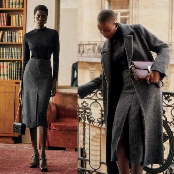 NEW! Sezane- Eloane Black Midi Skirt with Slit Wool Blend Size US L/ UK 40 - Picture 1 of 10